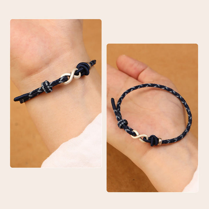 Buddha Stones Ręcznie robione 999 Srebro Sterlingowe Nieskończony Węzeł Symbol Szczęścia Bransoletka Lina