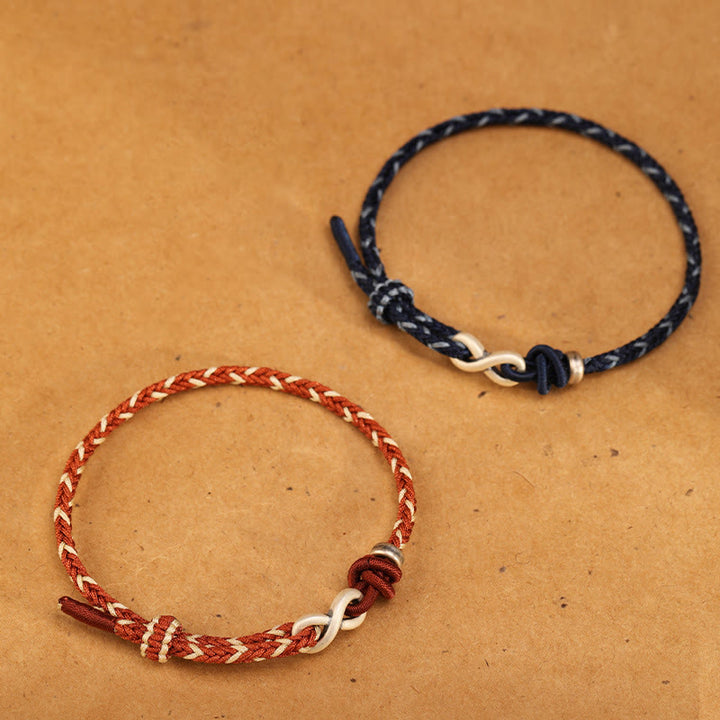 Buddha Stones Ręcznie robione 999 Srebro Sterlingowe Nieskończony Węzeł Symbol Szczęścia Bransoletka Lina