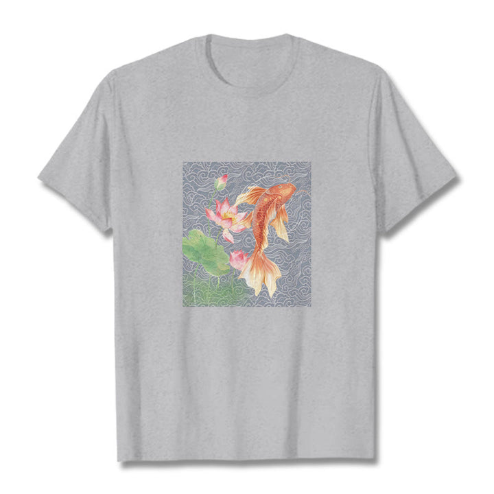 Buddha Stones Koi Ryba Lotos Kombinacja Bawełniana Koszulka T-shirt - Jasnoszary - 2XL - image 12