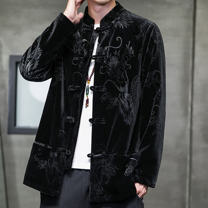 Buddha Stones Męski Żabkowy Garnitur Tang Wzór Smoka Lisvelte Bawełniana Kurtka Koszula Z Kieszeniami