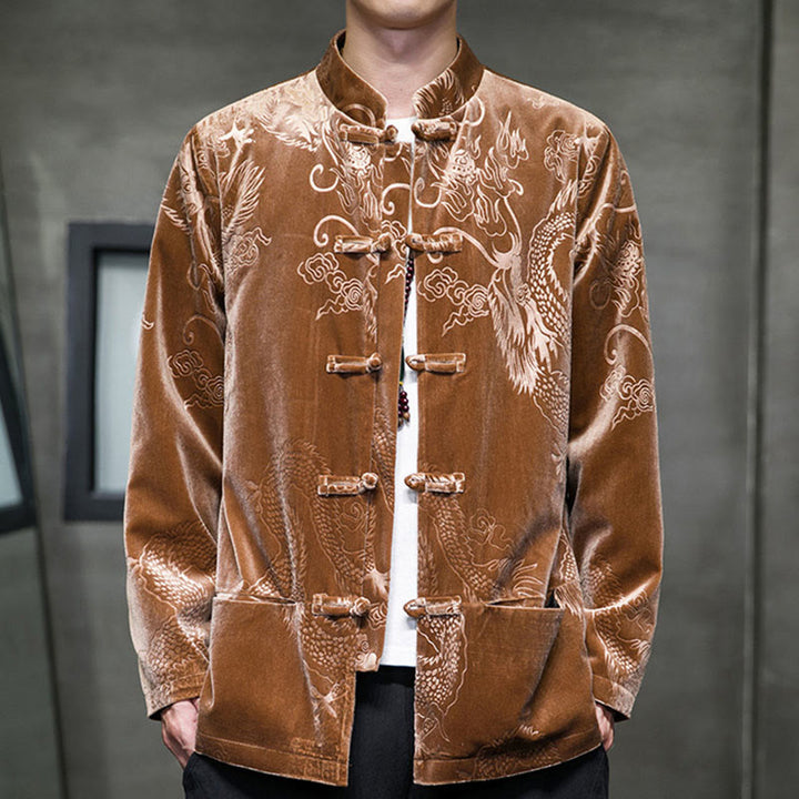 Buddha Stones Męski Żabkowy Garnitur Tang Wzór Smoka Lisvelte Bawełniana Kurtka Koszula Z Kieszeniami