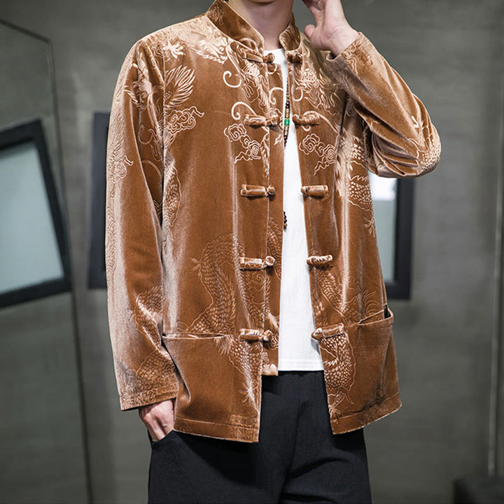 Buddha Stones Męski Żabkowy Garnitur Tang Wzór Smoka Lisvelte Bawełniana Kurtka Koszula Z Kieszeniami