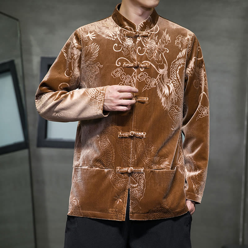 Buddha Stones Męski Żabkowy Garnitur Tang Wzór Smoka Lisvelte Bawełniana Kurtka Koszula Z Kieszeniami