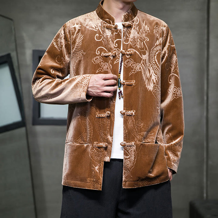 Buddha Stones Męski Żabkowy Garnitur Tang Wzór Smoka Lisvelte Bawełniana Kurtka Koszula Z Kieszeniami