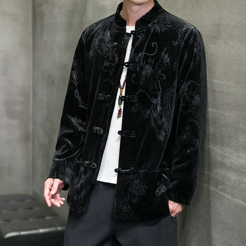 Buddha Stones Męski Żabkowy Garnitur Tang Wzór Smoka Lisvelte Bawełniana Kurtka Koszula Z Kieszeniami