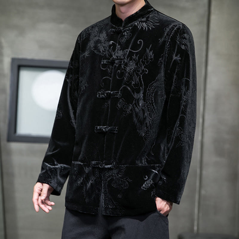 Buddha Stones Męski Żabkowy Garnitur Tang Wzór Smoka Lisvelte Bawełniana Kurtka Koszula Z Kieszeniami