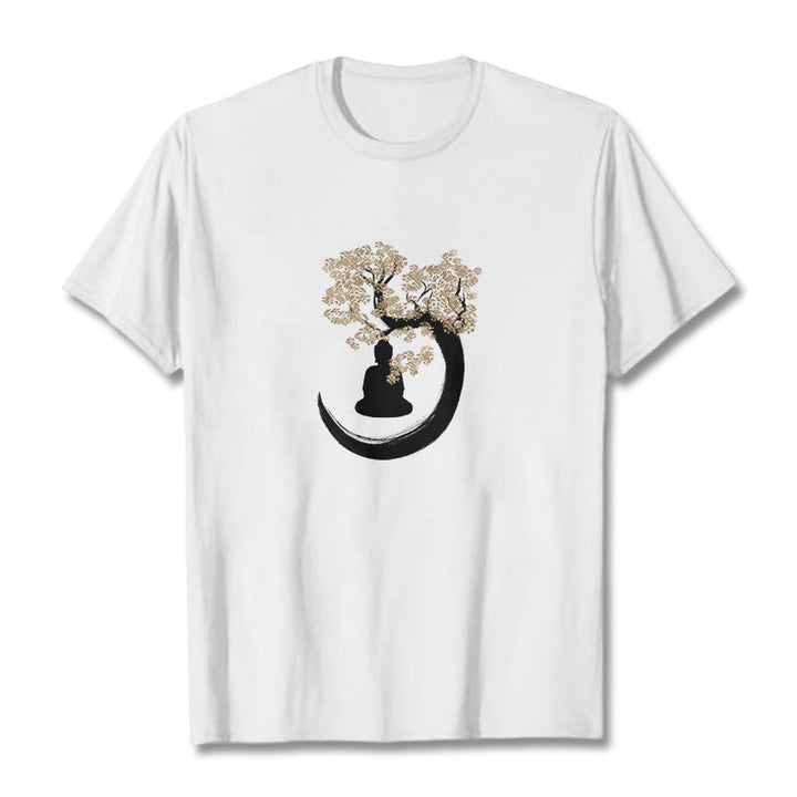 Buddha Stones Budda Siedzący Pod Drzewem Bawełniana Koszulka T-shirt - Biały - 2XL - image 12