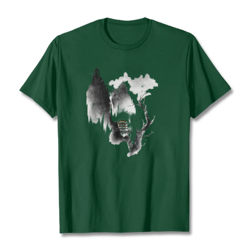 Pawilon Buddha Stones Drzewo Gęsi Wokół Gór Wzór Koszulka T-shirt - ForestGreen - 2XL - image 12
