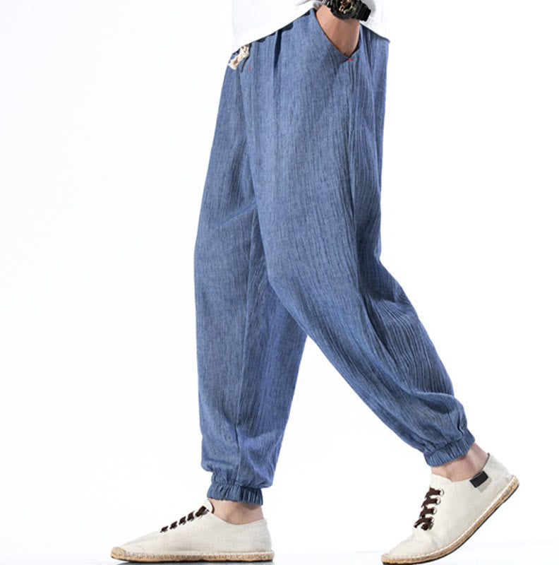 Spodnie męskie z kieszeniami i ściągaczem Buddha Stones Casual Solid Color Drawstring Linen - image 17