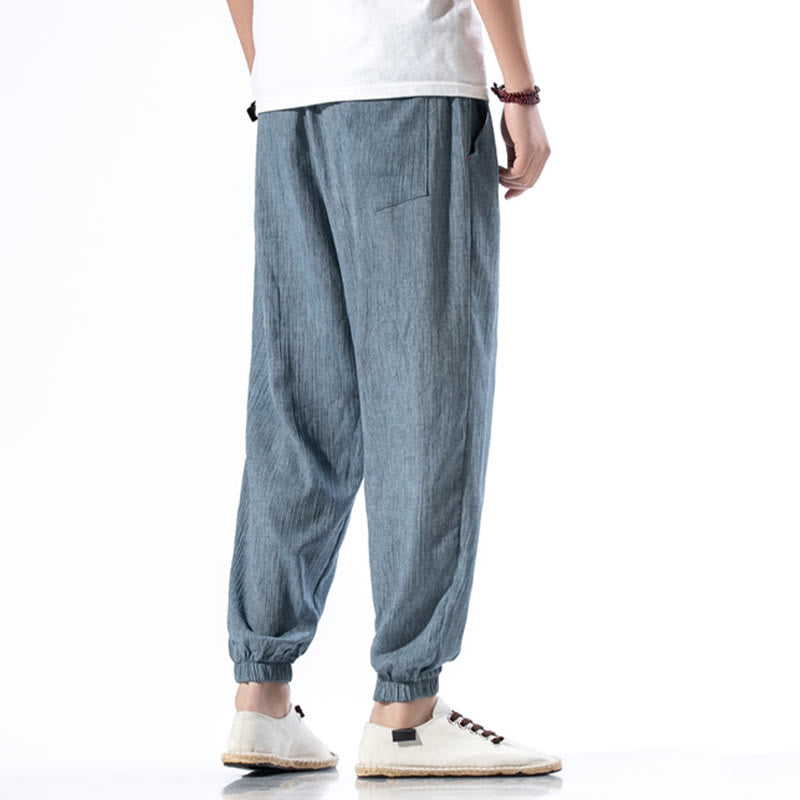 Spodnie męskie z kieszeniami i ściągaczem Buddha Stones Casual Solid Color Drawstring Linen - image 5