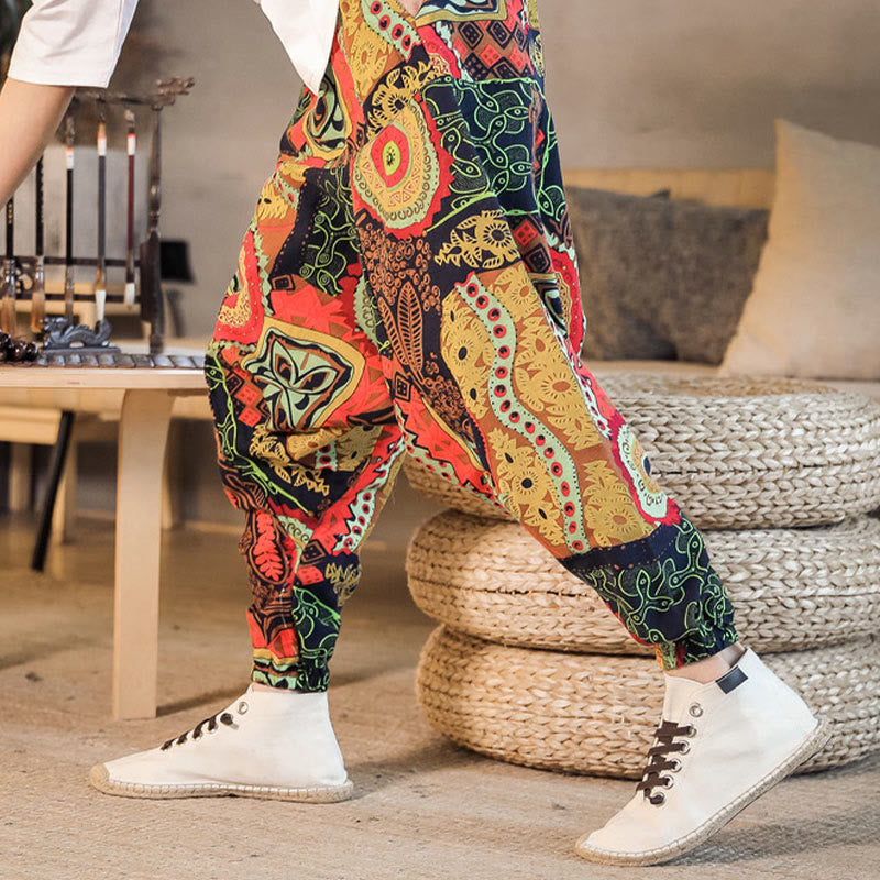 Buddha Stones Czerwone Złoto Casual Liście Nadruk Bawełna Męskie Spodnie Harem Z Kieszeniami - image 2