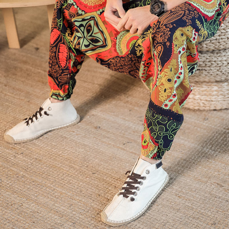 Buddha Stones Czerwone Złoto Casual Liście Nadruk Bawełna Męskie Spodnie Harem Z Kieszeniami - image 6