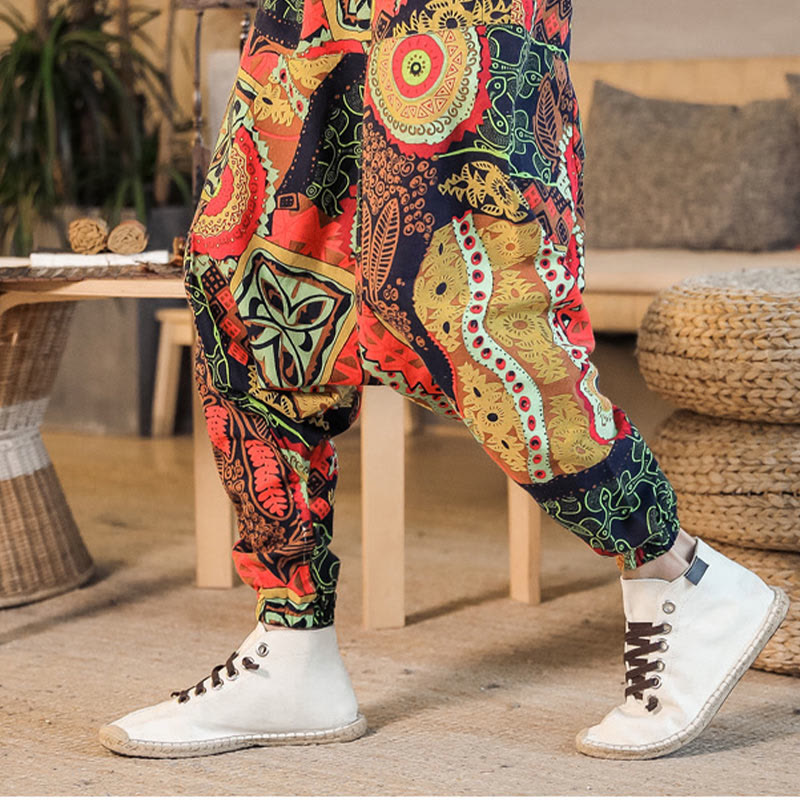 Buddha Stones Czerwone Złoto Casual Liście Nadruk Bawełna Męskie Spodnie Harem Z Kieszeniami - image 4