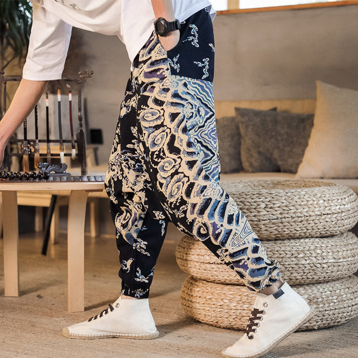 Buddha Stones Chiński Wzór Smoka Bawełniane Męskie Spodnie Harem Z Kieszeniami - image 5