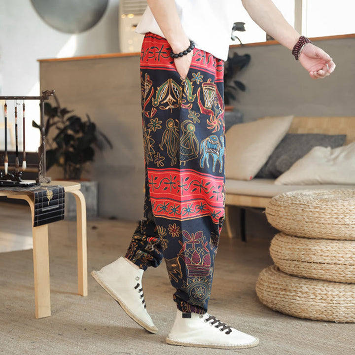 Buddha Stones Kolorowe Wielbłądzie Wzór Bawełniane Męskie Spodnie Harem Z Kieszeniami - image 4
