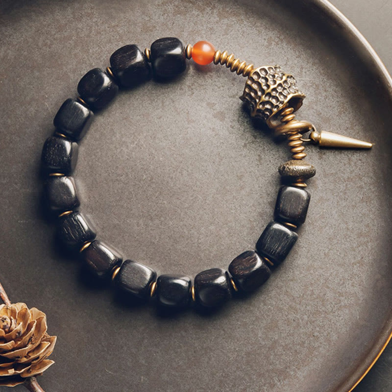 Bransoletka Buddha Stones Ebony Wood Miedź Mosiądz Czerwony Agat Peace