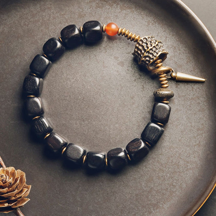 Bransoletka Buddha Stones Ebony Wood Miedź Mosiądz Czerwony Agat Peace