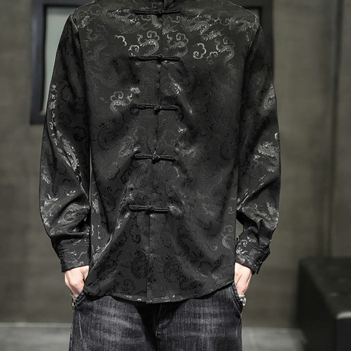 Buddha Stones Casual Dragon Pattern Żaba-guzik Tang Suit Lniana męska kurtka koszula - image 36