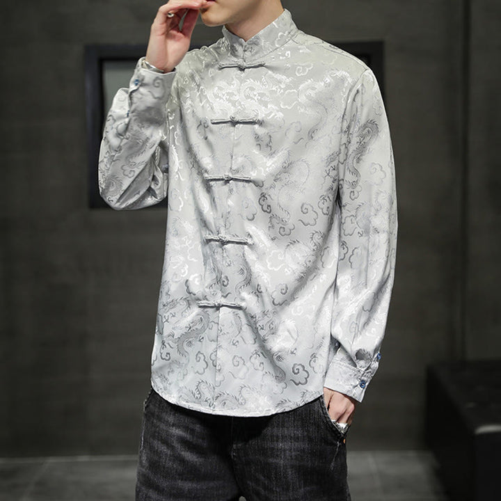 Buddha Stones Casual Dragon Pattern Żaba-guzik Tang Suit Lniana męska kurtka koszula - image 27