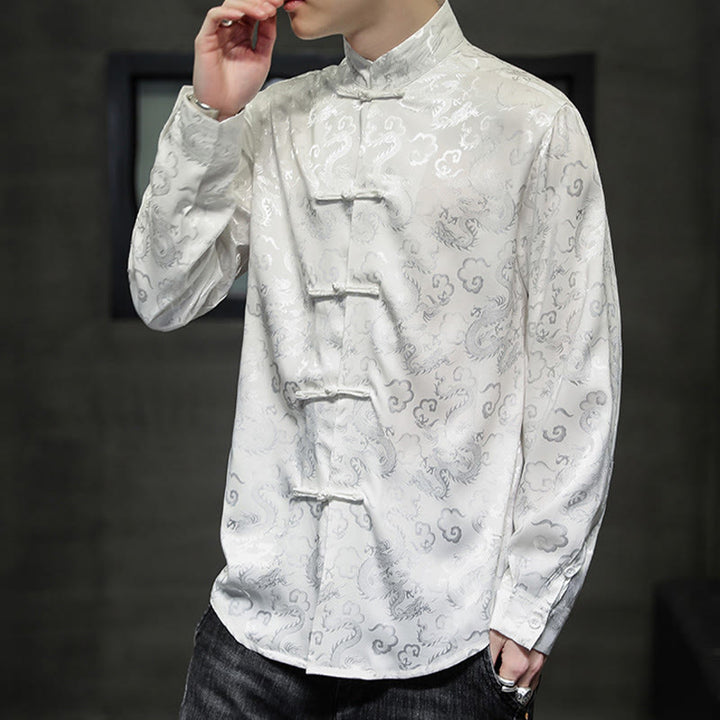 Buddha Stones Casual Dragon Pattern Żaba-guzik Tang Suit Lniana męska kurtka koszula - image 14