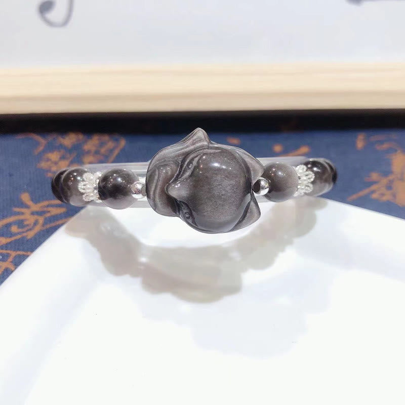 Bransoletka komunikacyjna z Buddha Stones Naturalny srebrny połysk Obsydian Dziewięcioogonowy lis