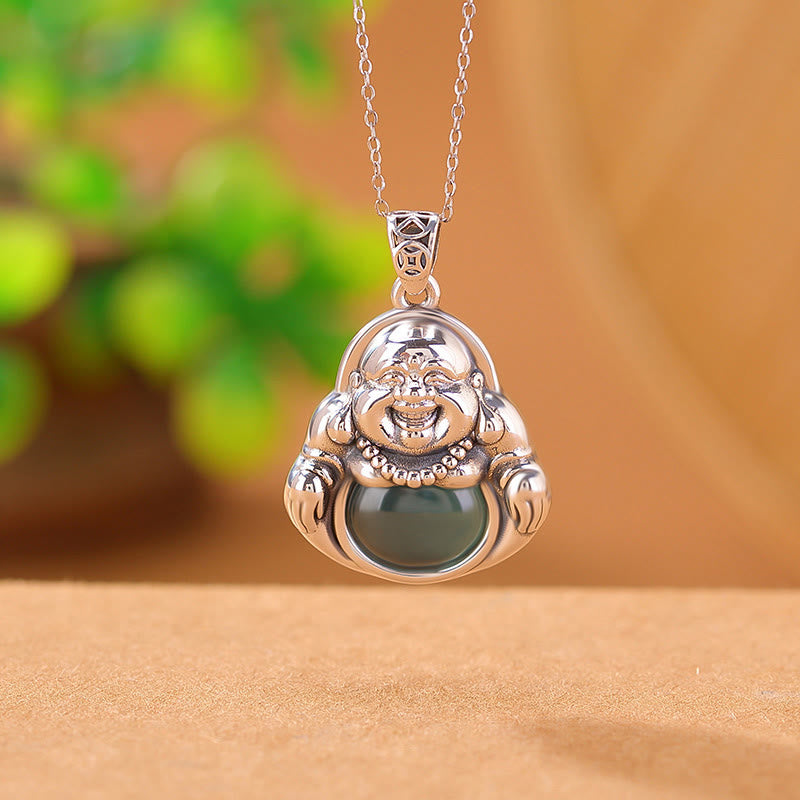 Buddha Stones 999 Srebro Sterling Śmiejący się Budda Cyjan Jade Lotus Naszyjnik Sukcesu Łańcuszek Wisiorek - image 2