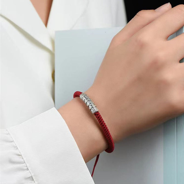 Buddha Stones Ręcznie robione 999 Srebro Sterlingowe Pokój i Szczęście Om Mani Padme Hum Bransoletka Sznurkowa - image 8