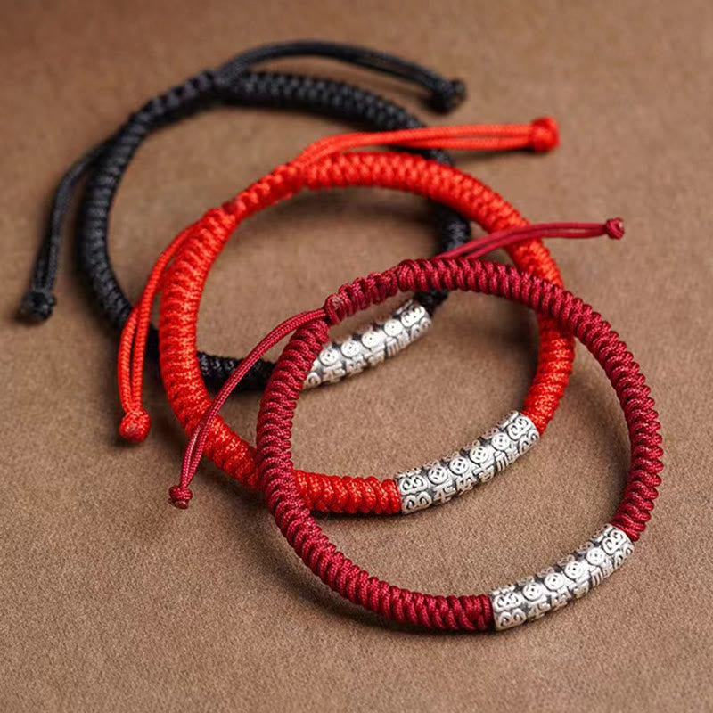 Buddha Stones Ręcznie robione 999 Srebro Sterlingowe Pokój i Szczęście Om Mani Padme Hum Bransoletka Sznurkowa - image 1