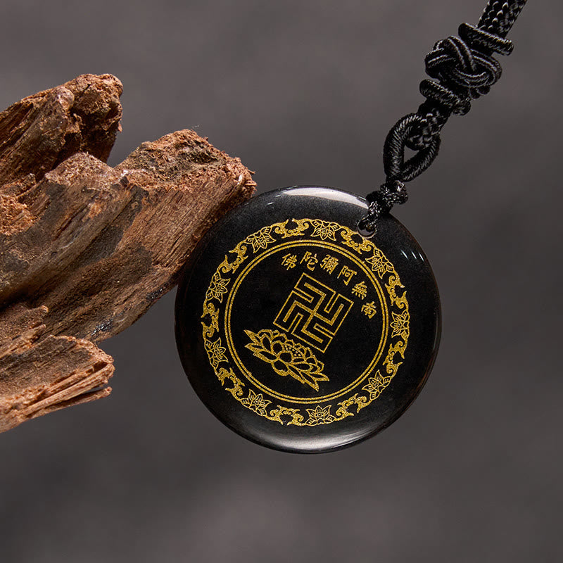 Buddha Stones Swastyka Wzór Lotosu Naturalny Różnorodny Kryształ Czarny Obsydian Oczyszczający Naszyjnik Wisiorek