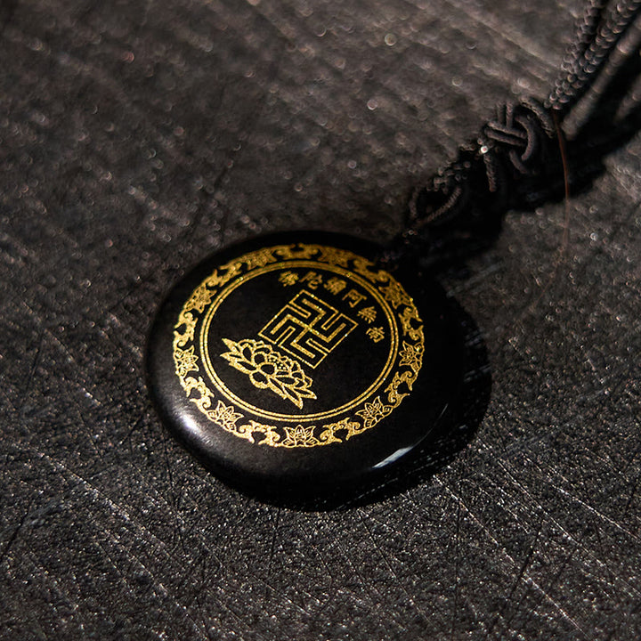 Buddha Stones Swastyka Wzór Lotosu Naturalny Różnorodny Kryształ Czarny Obsydian Oczyszczający Naszyjnik Wisiorek