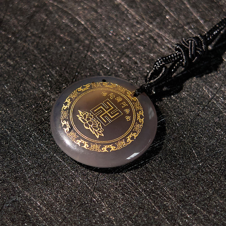 Buddha Stones Swastyka Wzór Lotosu Naturalny Różnorodny Kryształ Czarny Obsydian Oczyszczający Naszyjnik Wisiorek