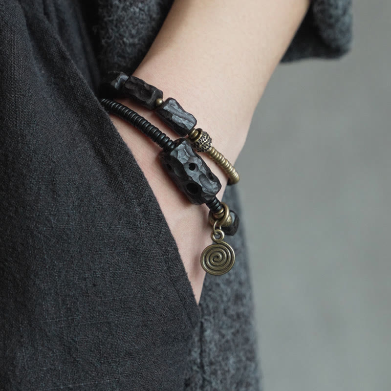 Bransoletka Buddha Stones Ebony Drewno Miedź Mosiądz Czerwony Agat Pokój Podwójne Owijanie