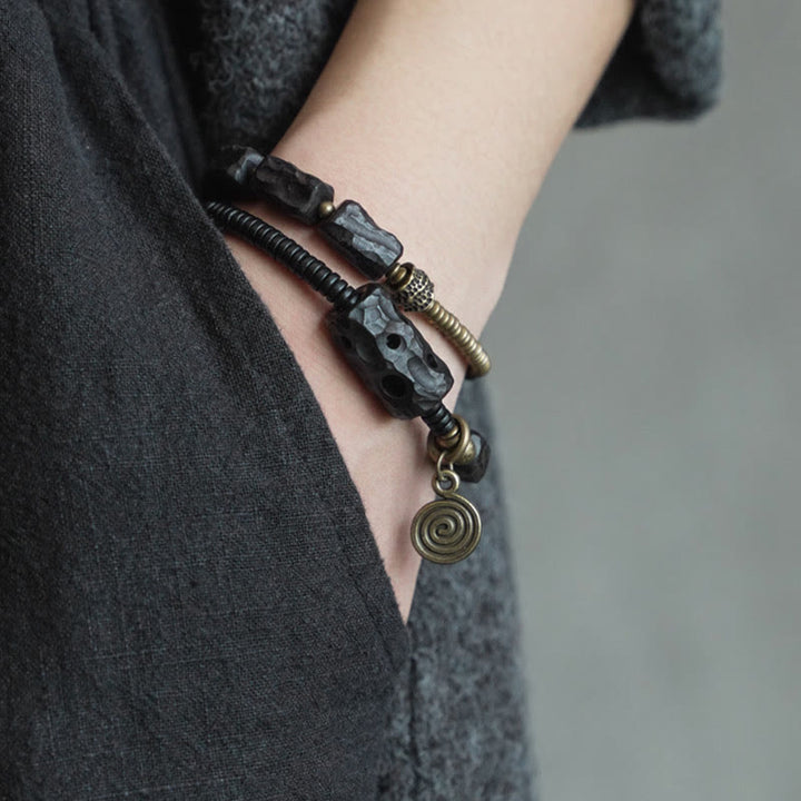 Bransoletka Buddha Stones Ebony Drewno Miedź Mosiądz Czerwony Agat Pokój Podwójne Owijanie