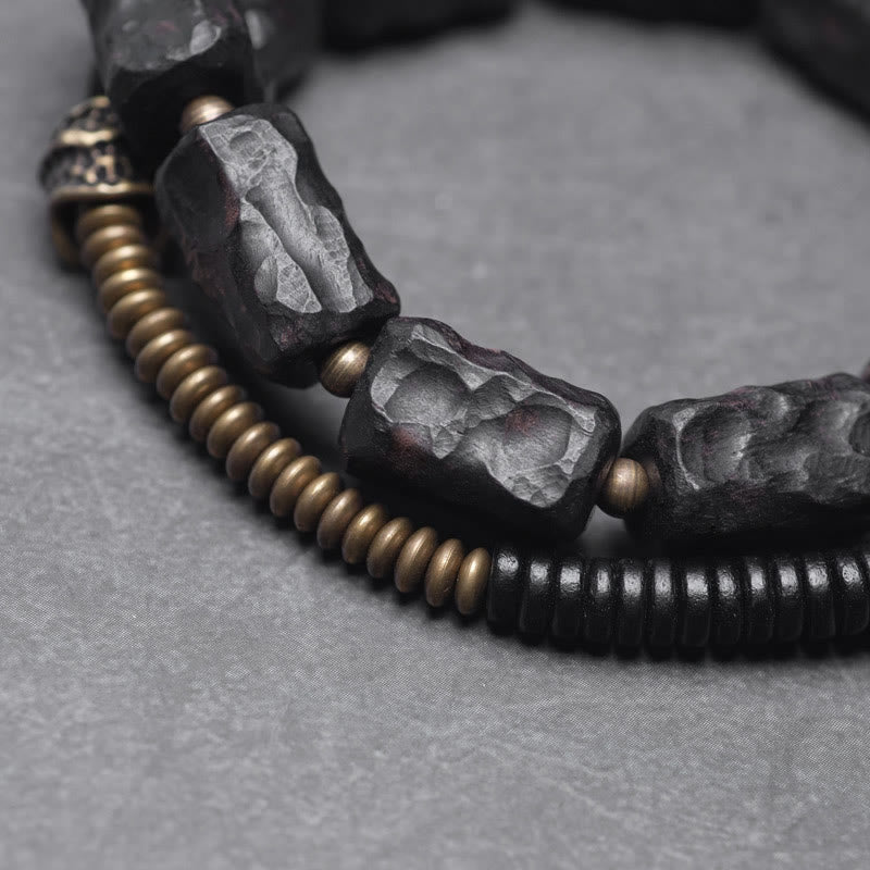Bransoletka Buddha Stones Ebony Drewno Miedź Mosiądz Czerwony Agat Pokój Podwójne Owijanie