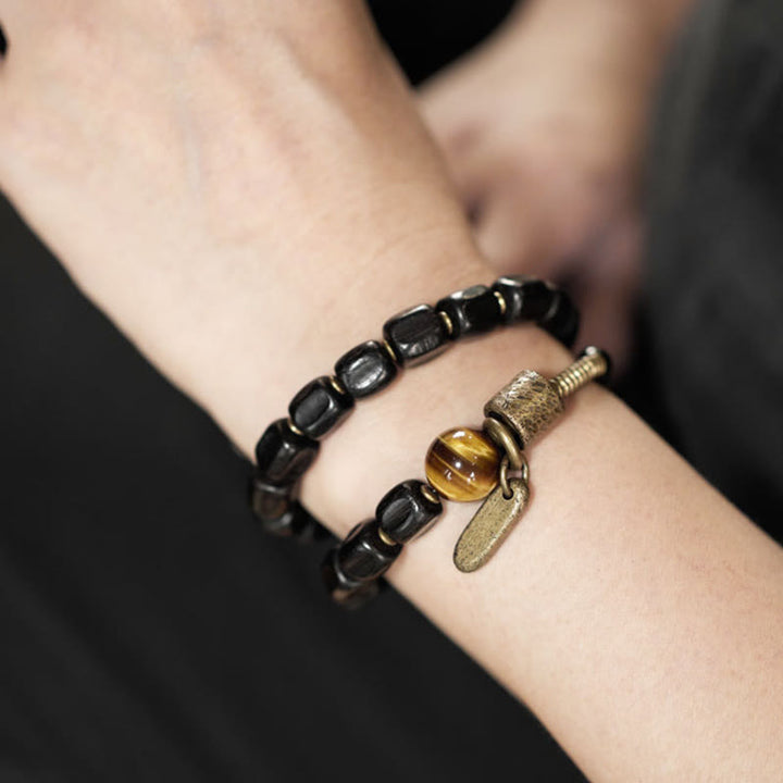 Bransoletka Buddha Stones Ebony Drewno Miedź Mosiądz Tygrysie Oko Pokój Podwójne Owijanie