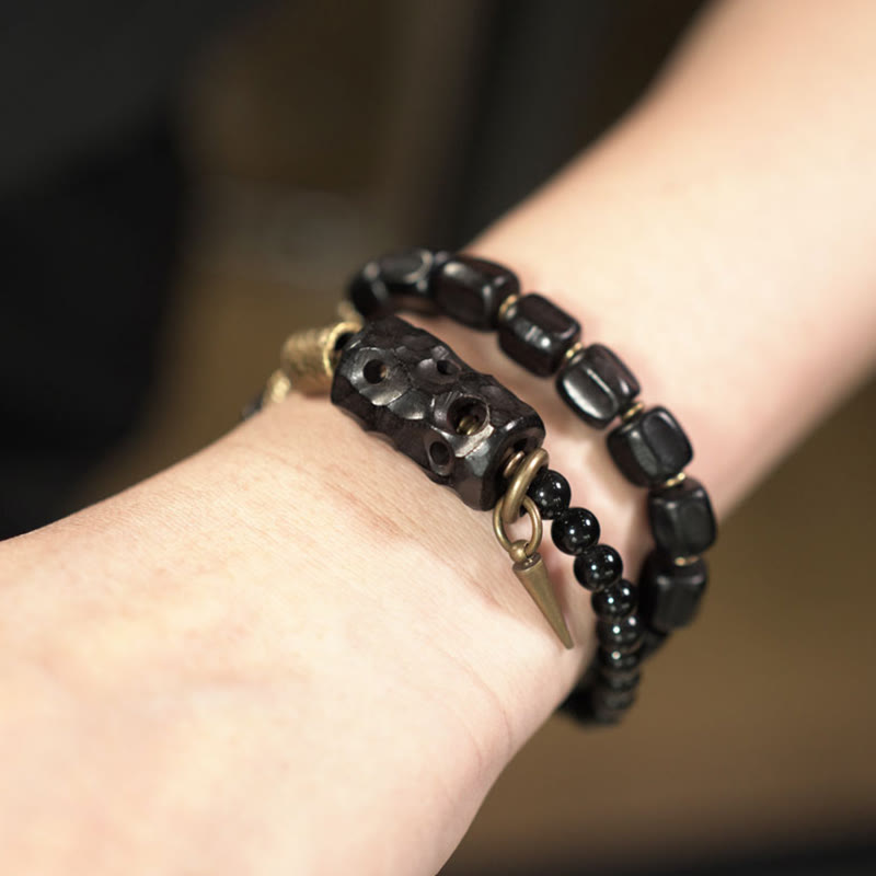 Bransoletka Buddha Stones Hebanowe Drewno Czarny Obsydian Miedź Mosiądz Pokój Podwójne Owijanie