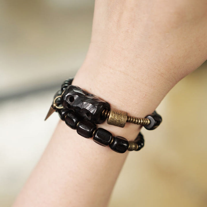 Bransoletka Buddha Stones Hebanowe Drewno Czarny Obsydian Miedź Mosiądz Pokój Podwójne Owijanie