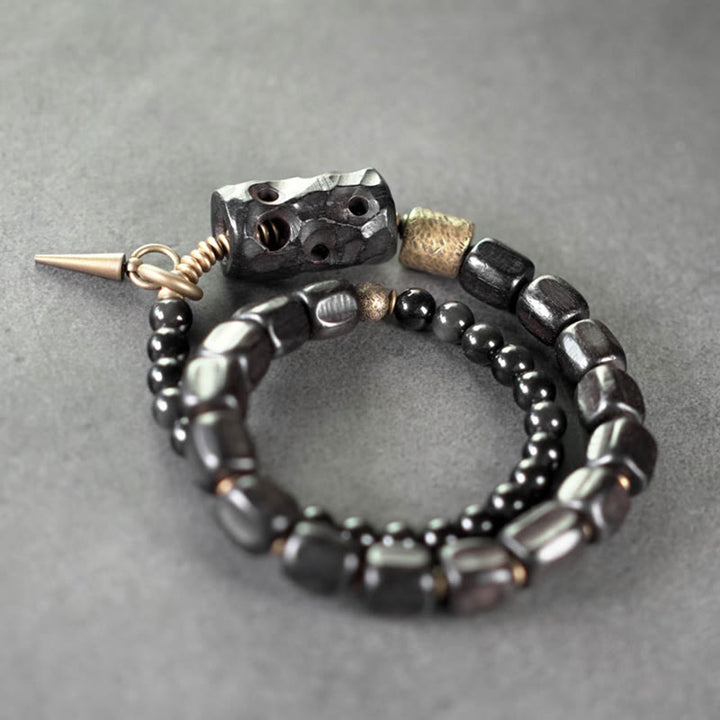 Bransoletka Buddha Stones Hebanowe Drewno Czarny Obsydian Miedź Mosiądz Pokój Podwójne Owijanie
