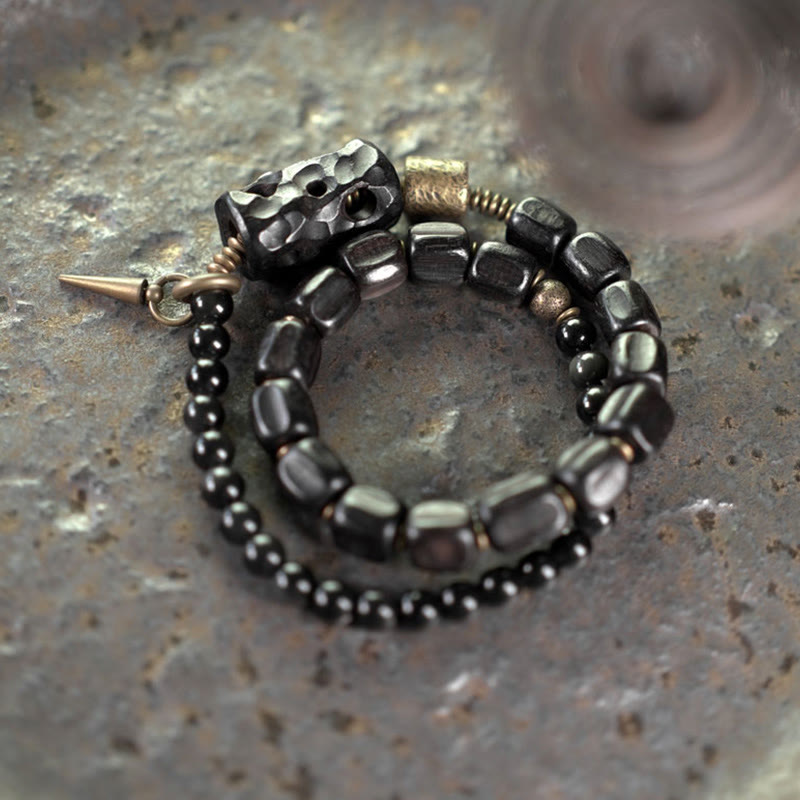 Bransoletka Buddha Stones Hebanowe Drewno Czarny Obsydian Miedź Mosiądz Pokój Podwójne Owijanie