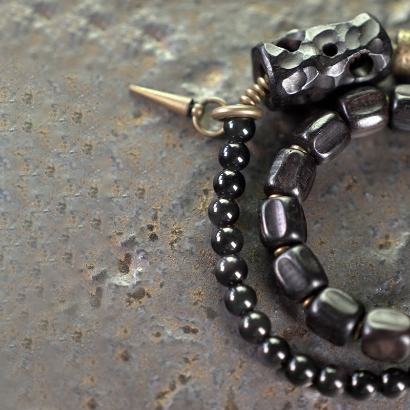 Bransoletka Buddha Stones Hebanowe Drewno Czarny Obsydian Miedź Mosiądz Pokój Podwójne Owijanie