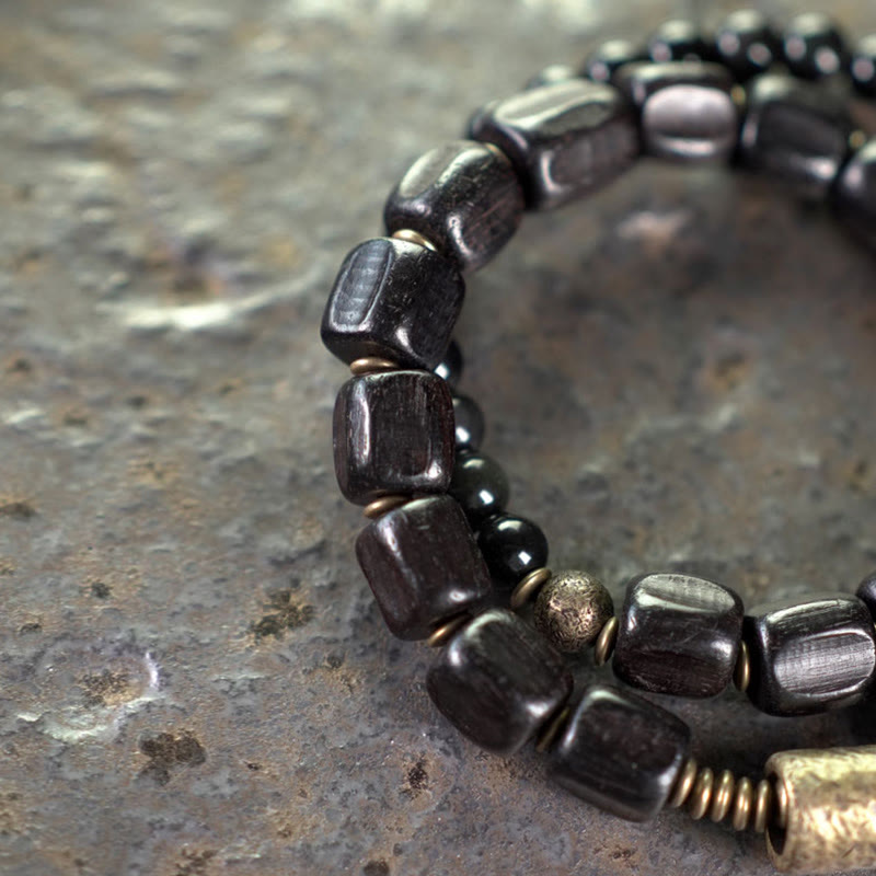 Bransoletka Buddha Stones Hebanowe Drewno Czarny Obsydian Miedź Mosiądz Pokój Podwójne Owijanie