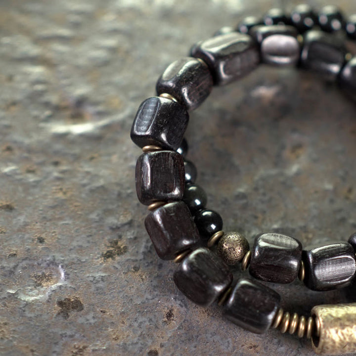 Bransoletka Buddha Stones Hebanowe Drewno Czarny Obsydian Miedź Mosiądz Pokój Podwójne Owijanie