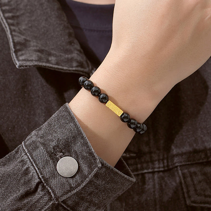 Bransoletka Buddha Stones Czarny Obsydian 925 Srebro Sterling Fu Character Cube Strength