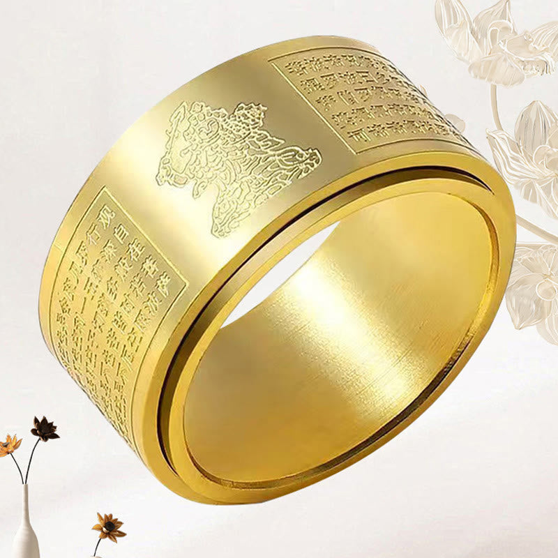 Buddha Stones Chiński Zodiak Natal Budda Sutra Serca Rzeźbiony Tytan Stal Spokojny Obrotowy Pierścień