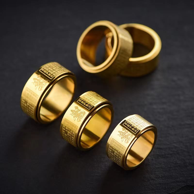 Buddha Stones Chiński Zodiak Natal Budda Sutra Serca Rzeźbiony Tytan Stal Spokojny Obrotowy Pierścień