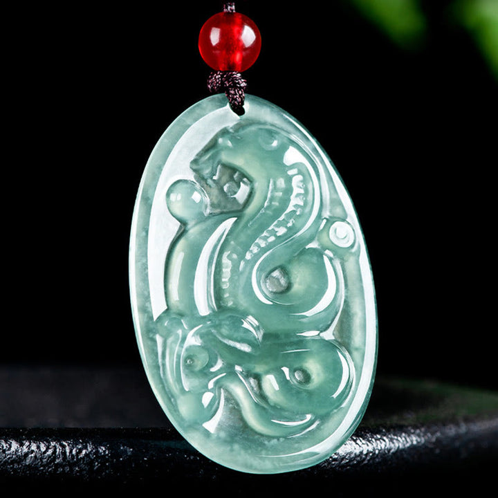 Buddha Stones Naturalny Jadeit Owalny Naszyjnik Wisiorek Szczęścia Roku Węża