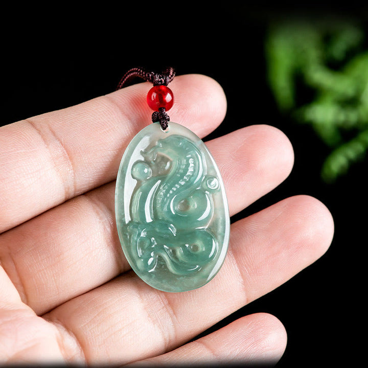 Buddha Stones Naturalny Jadeit Owalny Naszyjnik Wisiorek Szczęścia Roku Węża
