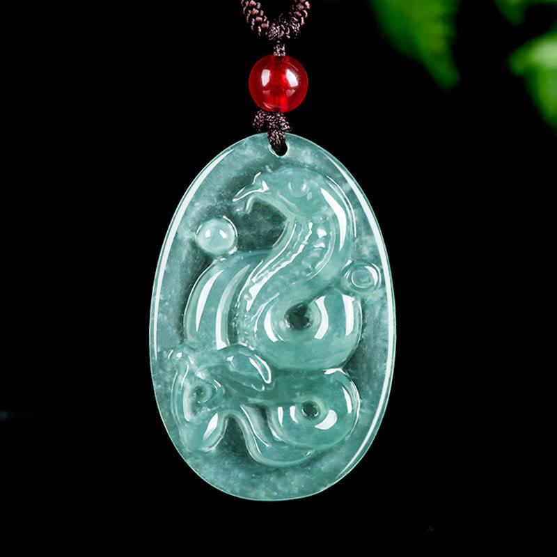 Buddha Stones Naturalny Jadeit Owalny Naszyjnik Wisiorek Szczęścia Roku Węża