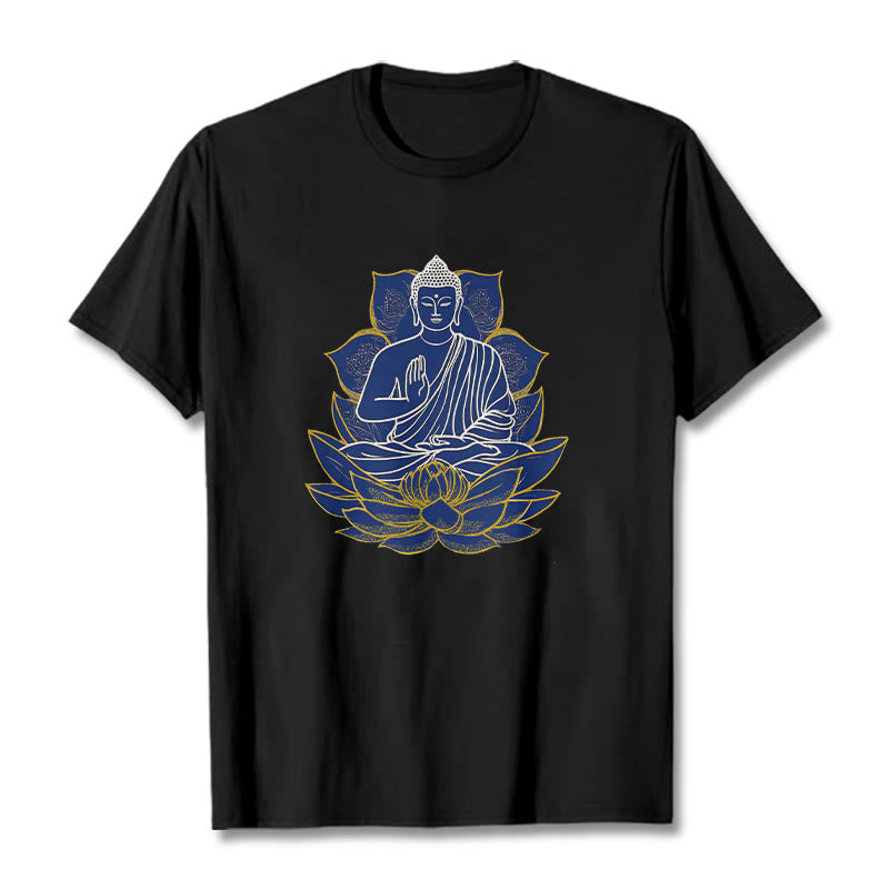 Buddha Stones Budda Siedzący Na Lotosie Bawełniana Koszulka T-shirt - Czarny - 2XL - image 11