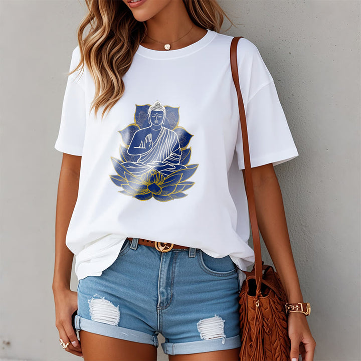 Buddha Stones Budda Siedzący Na Lotosie Bawełniana Koszulka T-shirt - image 3
